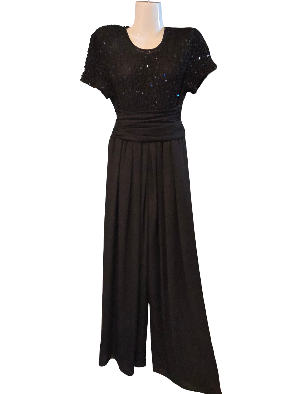 Vintage 80s Black Sequin Jumpsuit | Blue Sequin Bodice | Wide Leg | Size 10